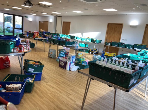 A picture of the food banks temporary packing centre at Hope Hall at St Marys In Loughton, introduced to ensure social distancing could be maintained.