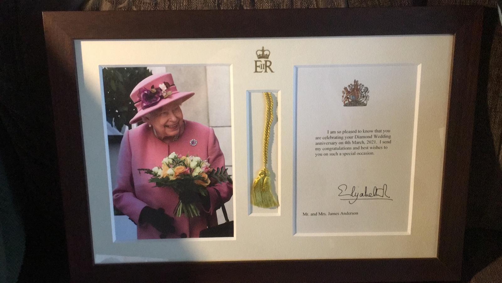 The couples framed letter of congratulations from the Queen.